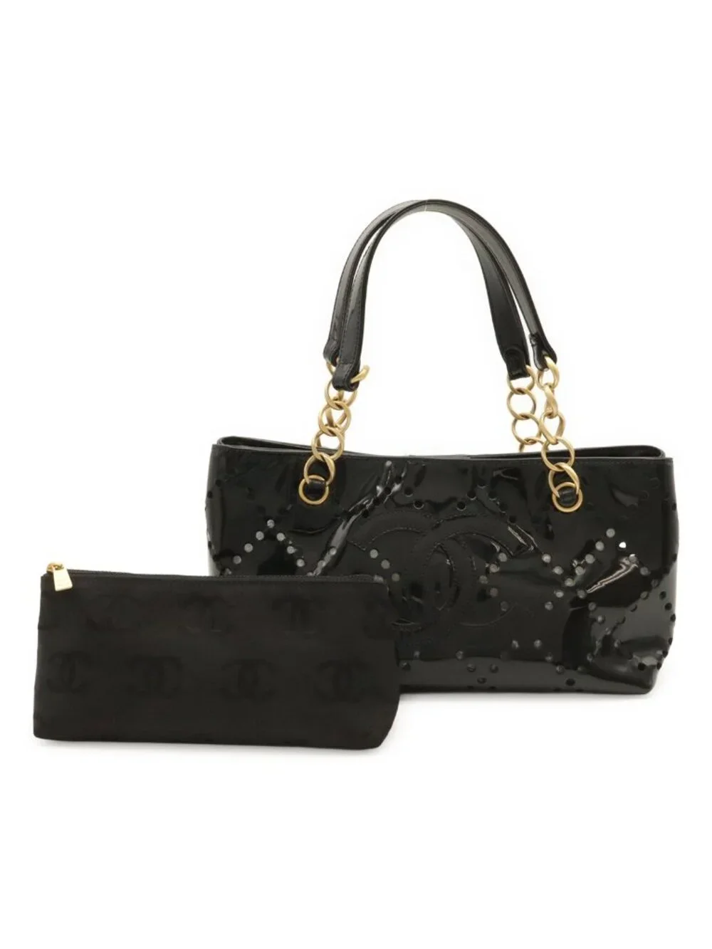 Chanel CC Logo Perforated Chain Tote Shoulder Bag Enamel Patent Leather Black